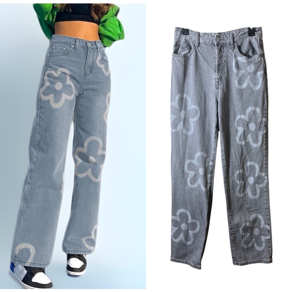 Y2K S.O.N.G 90s Boyfriend Jean Daisy‎ Gray 7/28 Hidden Button Fly Hippie Baggy